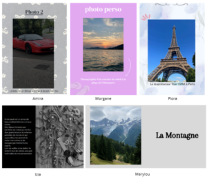 texte alternatif : On peut voir 5 différentes photos de différent étudiants (voiture, paysages, tour eiffel, bijoux, montagnes) 